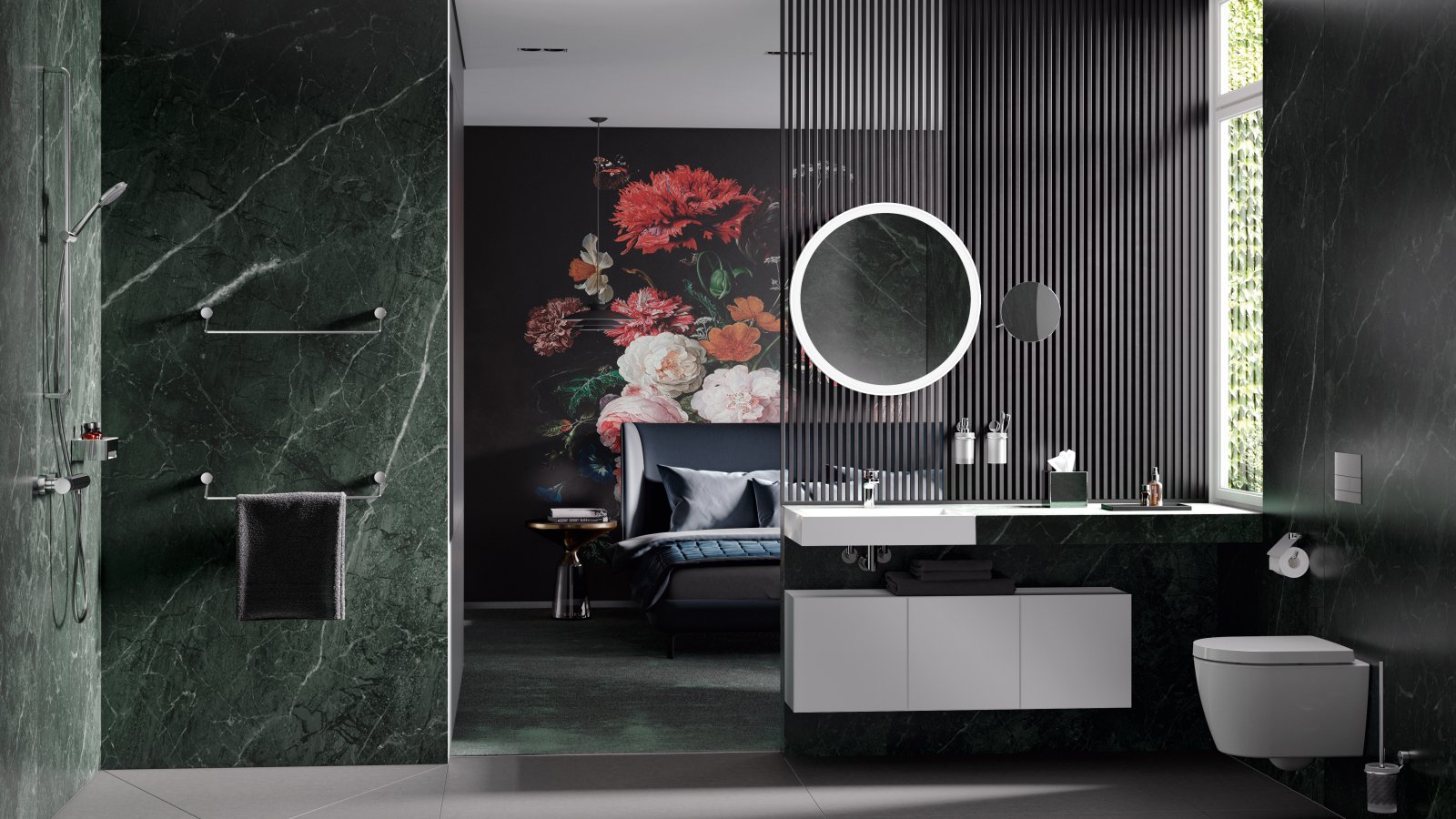 Modern hotel bathroom with washbasin, shower area and WC